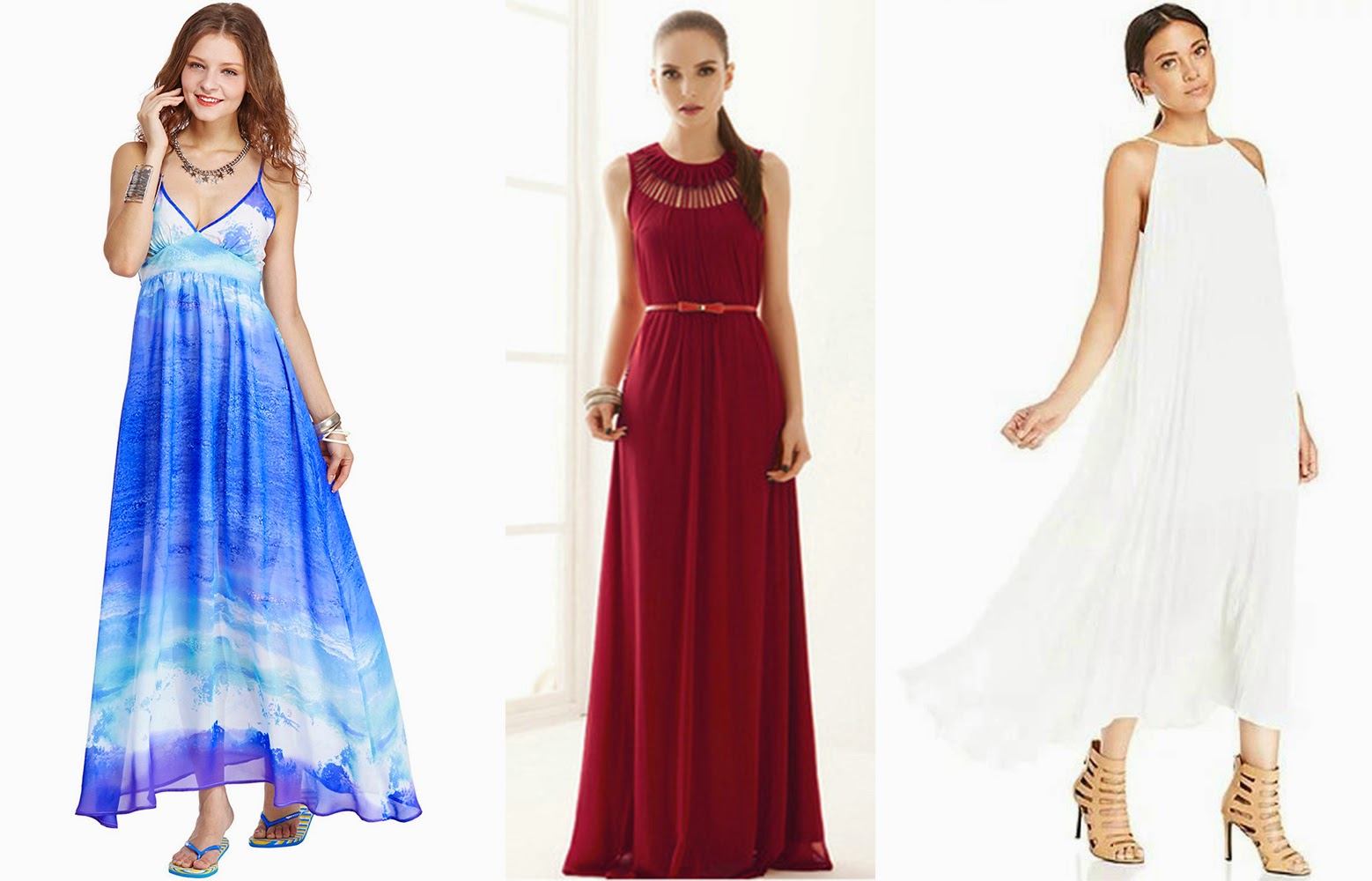 (L-R) Seawater Print Blue Camisole Dress, Sleeveless With Belt Hollow Maxi Dress, Off-shoulder Pleated Maxi White Dress
